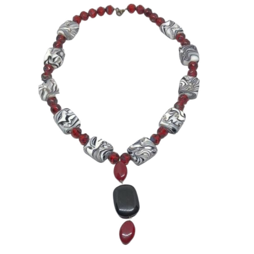 Retro Y drop ceramic crystal stone bead dressy stand out statement necklace.